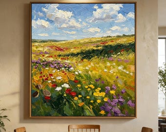 Original Wildflower Meadow Oil Painting,Large Impasto Flower Field Wall Art,Colorful Nature Decor, Textured Floral Painting,Living RoomDecor