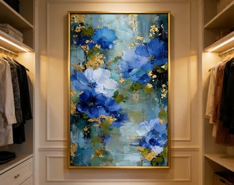 Original Blue Floral Oil Painting, Large Abstract Flower Wall Art, Gold Leaf Textured Painting, Impasto Floral Decor, Living Room Wall Art