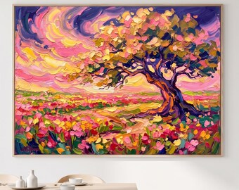 Origineel olieverfschilderij 'Levensboom' op canvas, 3D impasto textuur, wanddecoratie met wilde bloemenweide, kleurrijk zonsonderganglandschap voor de woonkamer.