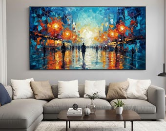 Pintura abstracta original con textura de paisaje urbano, lienzo con gran paisaje urbano azul, arte mural con un paseo por la ciudad colorido, decoración moderna para el hogar.