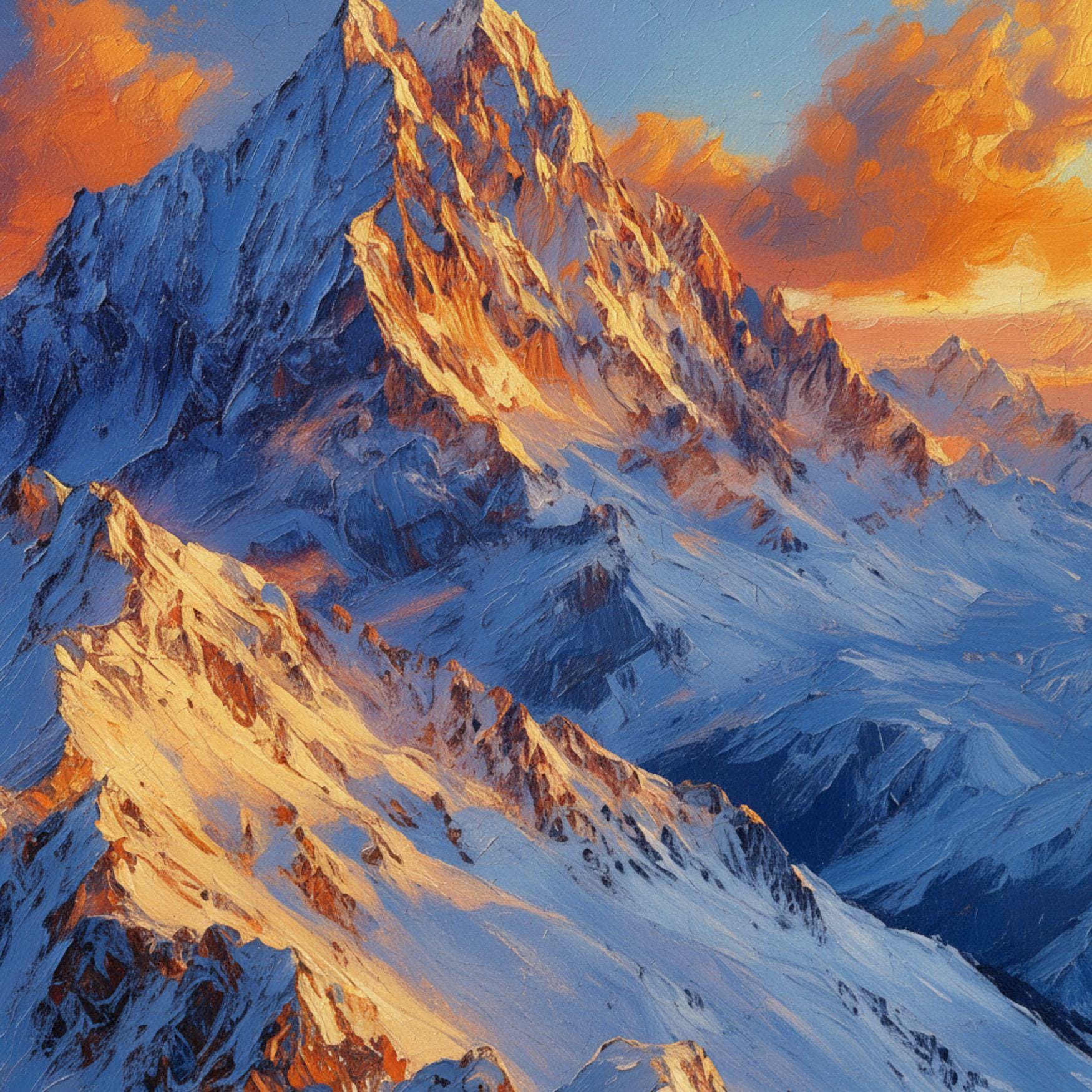 Majestic Snowy Mountain Painting,golden Alpenglow Peak,large