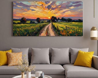Large Abstract Landscape Wall Art,Colorful Sunset Oil Painting on Canvas,Panoramic Farmhouse Decor,Oversized Living Room Art Above Sofa