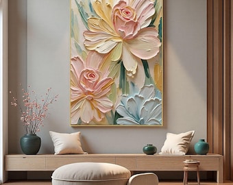 Original Blush Pink and Blue Floral Painting,Abstract Pastel Flower Wall Art,Soft Romantic Bedroom Decor,Large Textured Canvas,Spring Art