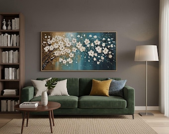 White Cherry Blossom Oil Painting,Canvas Wall Art,3D Impasto Textured Floral Wall Art,Modern Room Wall Decor,Blue and Gold Color Blocking