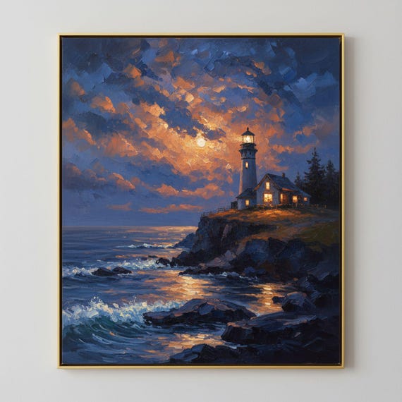 Lighthouse Wall Art | Coastal Seascape Painting | Nautical Home Decor | Ocean Waves Canvas Print | Sunset Beach House Art | Sea Lover Gift