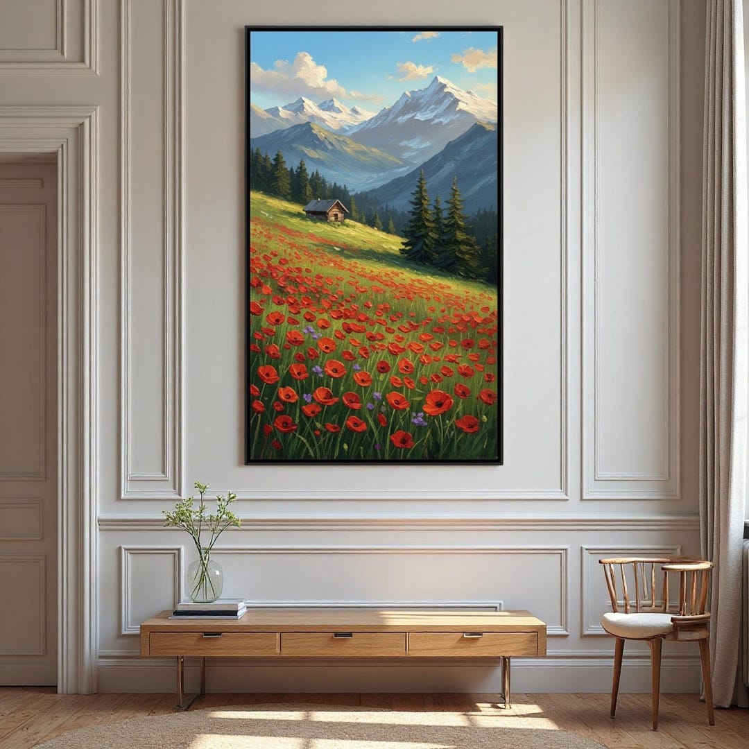 Vertical Red Poppy Field Painting,snow Capped Mountain Wall Art,alpine ...