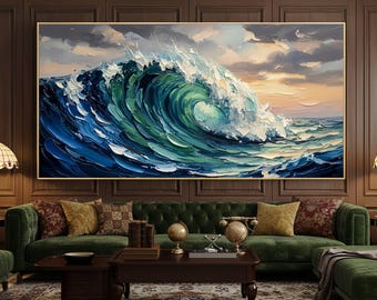 Original Ocean Wave Oil Painting On Canvas,Large Seascape Oil Painting,Sea Wave Canvas Art,Living Room Home Wall Decor,Blue Ocean Wave Paint