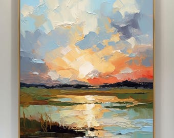 Original Impasto Oil Painting, Textured Sunset Landscape Art, Modern Abstract Palette Knife Lake View, Large Wall Art Living Room Decor