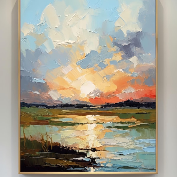 Pintura a óleo original em impasto, paisagem texturizada ao pôr do sol, vista moderna e abstrata para o lago pintada com espátula, obra de arte grande para decoração de parede de sala de estar.