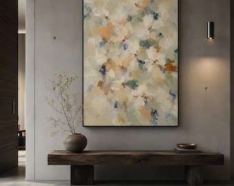Original Abstract Floral Oil Painting on Canvas, Large Vertical Impasto Wall Art, Soft Beige & Sage Green Textured Decor for Living Room