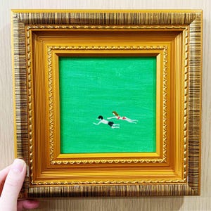 Mini Floating Girls in Pool Wall Art A Couple Swimming in Green Pool 9x9 inch Canvas Artwork Small Wall Decor For Home,Office and Nursery
