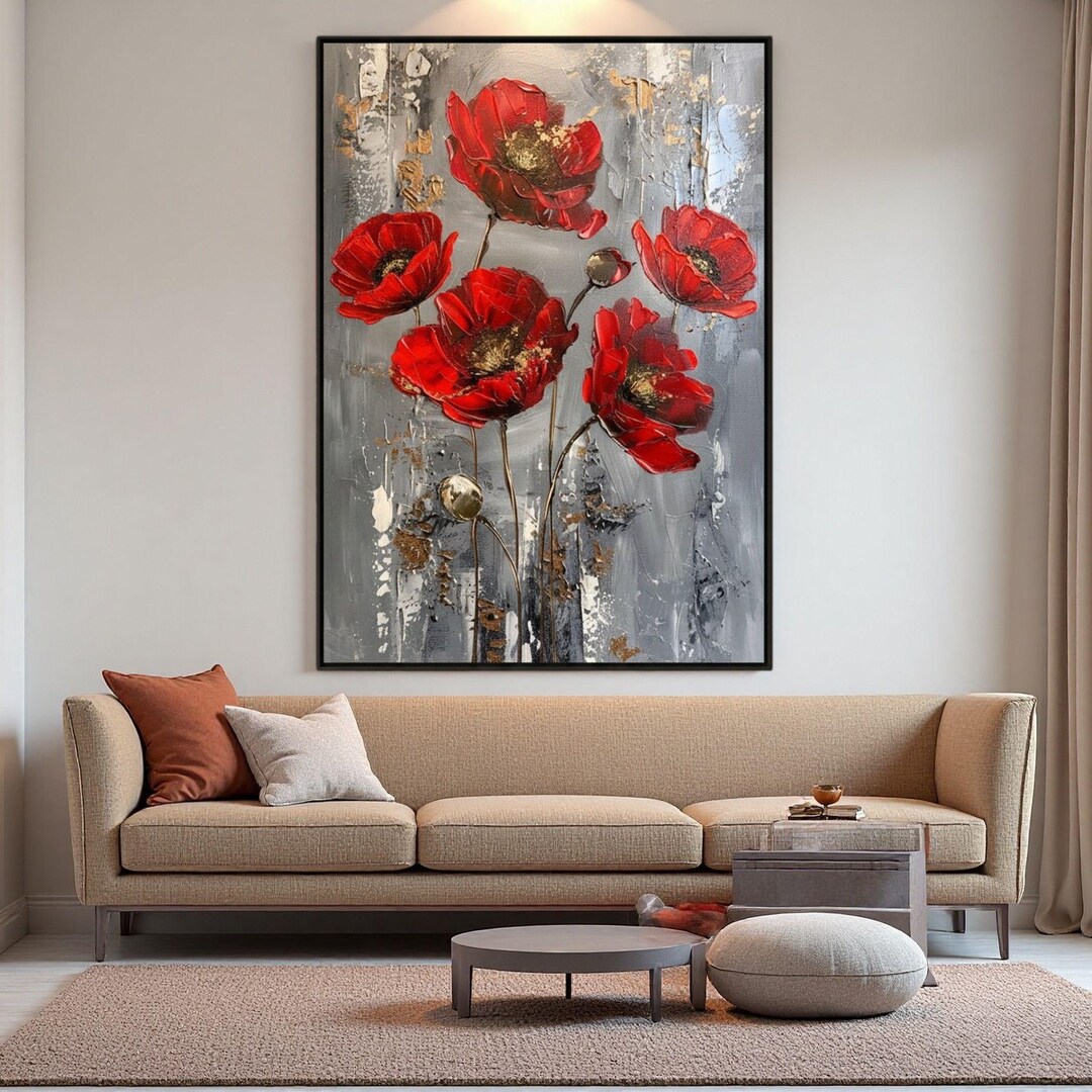Large Red Poppy Oil Painting,grey and Gold Abstract Floral Art ...