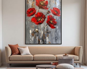Large Red Poppy Oil Painting,Grey and Gold Abstract Floral Art,Oversized Vertical Canvas,Modern Living Room Wall Decor,Textured Flower Art