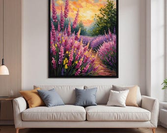 Impasto Wildflower Painting,Textured Floral Canva,French Country Wall Art,Impressionist Garden Landscape,Pink Lupine Field,Palette Knife Art