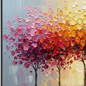 May include: An abstract oil painting of three trees with textured, colorful foliage. The leaves transition from pink to red, orange, and yellow. The artwork has a palette knife technique, creating a vibrant and textured effect. The background is a soft blend of gray and yellow.