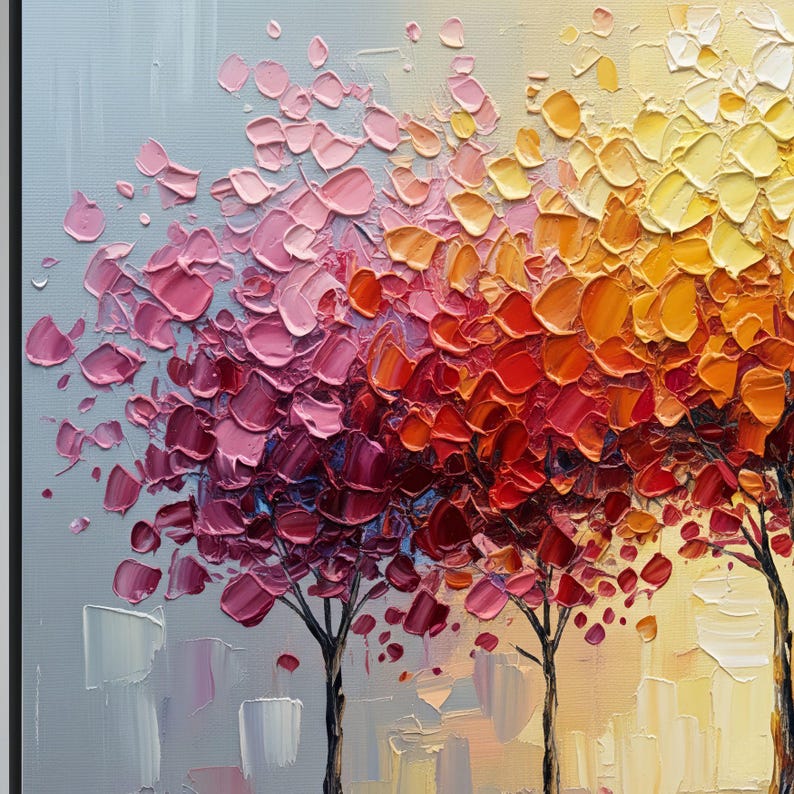 May include: An abstract oil painting of three trees with textured, colorful foliage. The leaves transition from pink to red, orange, and yellow. The artwork has a palette knife technique, creating a vibrant and textured effect. The background is a soft blend of gray and yellow.