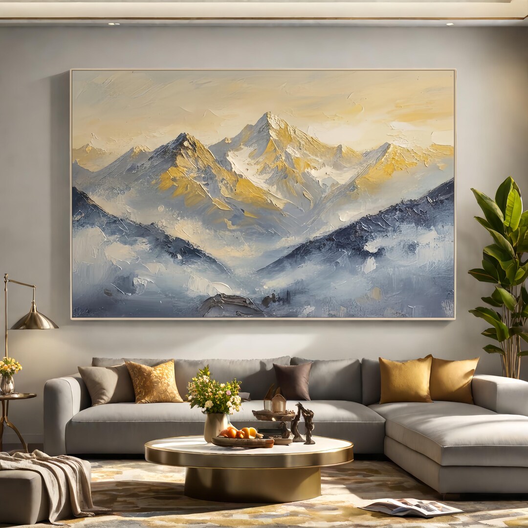 Golden Mountain Peaks Art, Abstract Textured Landscape Painting ...
