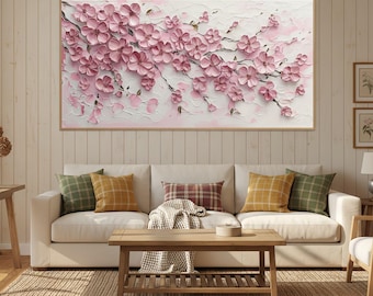 Large Cherry Blossom Wall Art,Pink Flower Oil Painting,Textured Canvas Art,Oversized Living Room Decor,Romantic Spring Floral Art
