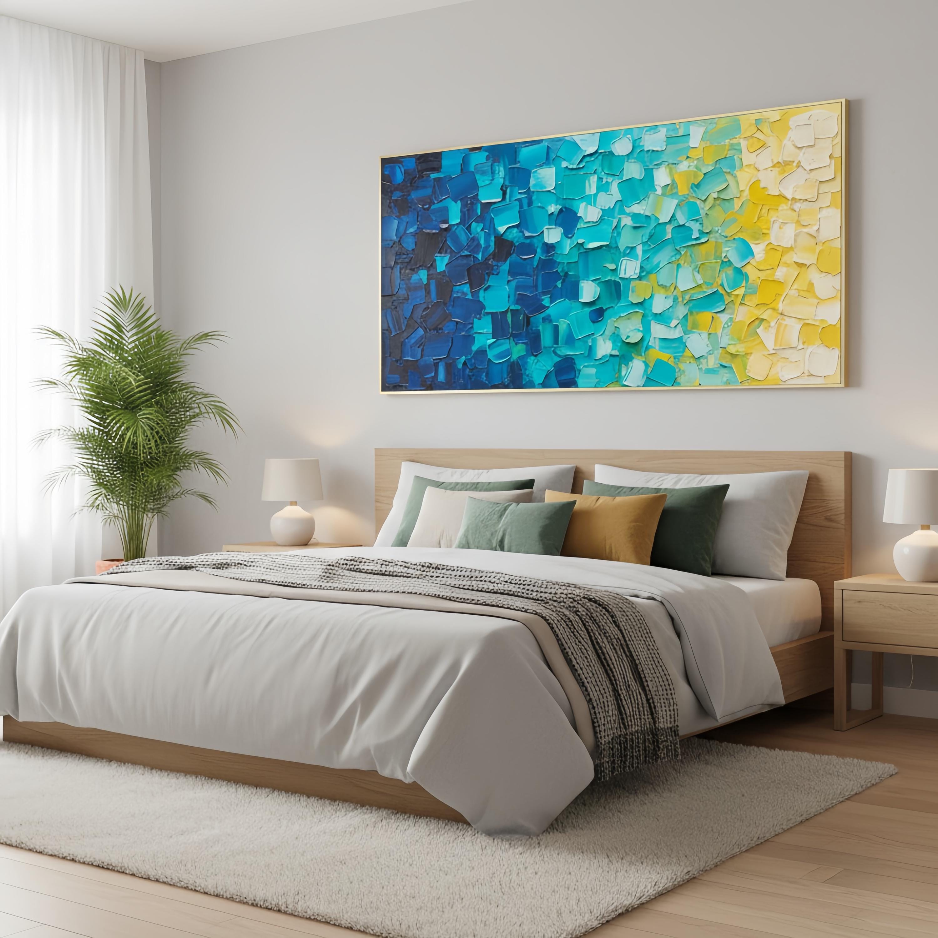 Blue Yellow Texture Abstract Oil Painting on Canvas, Colorful Wall Art ...