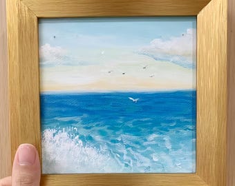 Original Ocean Wave Oil Painting,Mini Seascape Art,Seagulls Over Blue Sea,Framed Coastal Wall Decor,Small Beach House Gift