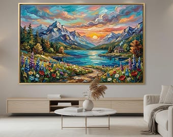 Large Original Mountain Landscape Oil Painting,  Impasto Lake Sunset Wall Art, Textured Nature Living Room Decor, Hand-Painted Wall Decor