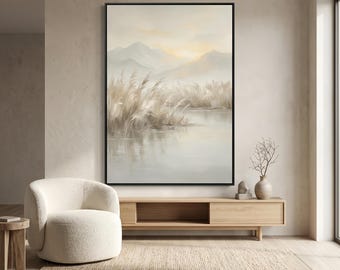 Large Abstract Neutral Mountain Landscape Oil Painting Beige Wall Art Reed Lake Texture Impasto Palette Knife Canvas Japandi Home Decor