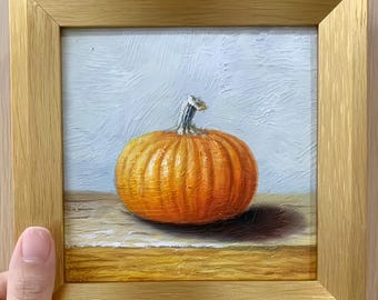 Original Pumpkin Oil Painting,Fall Wall Decor,Thanksgiving Hostess Gift,Framed Mini Autumn Art,Rustic Halloween Decor,Orange Vegetable