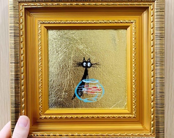 Glod Framed Miniature Oil Painting Of A Black Cat Catching Fish In A Fish Tank:5x5 Inch Canvas,Black Cat Painting,Housewarming Gift,Wall Art