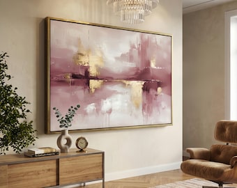 Pink Gold Textured Wall Art Large Abstract Canvas Painting, Blush Pink Palette Knife Impasto Art, Luxury Modern Living Room Bedroom Decor