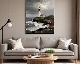 Original Moody Lighthouse Painting,Stormy Seascape Wall Art,Coastal Landscape Canvas,Textured Ocean Art,Nautical Home Decor Framed