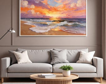 Colorful Sunset Beach Painting,Pink and Orange Sky Art,Large Coastal Canvas Print,Impasto Ocean Wave Wall Decor,Living Room Art