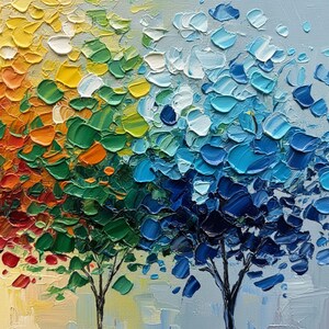 May include: An abstract oil painting of two trees with textured, colorful foliage. The leaves are rendered in thick brushstrokes of yellow, orange, green, and blue. The tree trunks are dark against a light blue background.