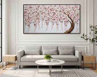 Minimalistische roze kersenbloesemboom olieverfschilderij, 3D-bloemen muurkunst, originele handgeschilderde kunst, moderne kleurrijke textuur bloemsierkunst, woondecoratie