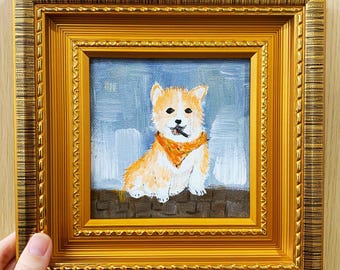 Haustier Hund Ölgemälde im Goldrahmen,Mini Ölgemälde,Haustier Wandkunst,Corgis Hund Ölgemälde,Hundeliebhaber Geschenk,9 x 9 Zoll handgemalte Schreibtisch Dekor