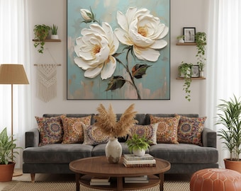 Pintura al óleo original minimalista de flores blancas, estilo impresionista, decoración floral para pared, arte floral con espátula sobre lienzo, decoración para sala de estar
