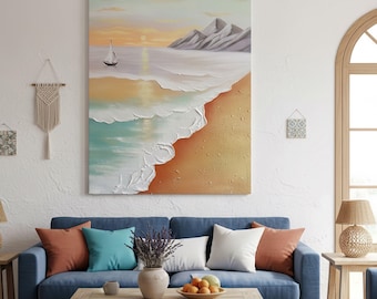 Textured Coastal Ocean Beach Canvas Oil Painting,Original Hand Painted,Wave Wall Art,Seascape Painting,Living Room Wall Decor 3D Artwork