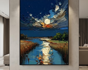 Large Vertical Wall Art, Midnight Blue Abstract Landscape, Heavy Texture Impasto Painting, Moon and River Canvas, Entryway Foyer Decor