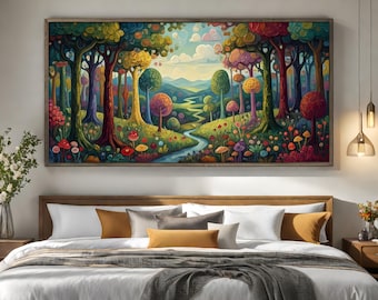 Whimsical Enchanted Forest Art Print - Colorful Fantasy Woodland Painting - Magical Nature Home Decor Canvas