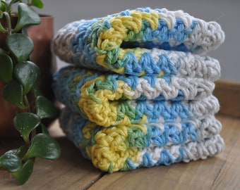 Set of Three Variegated Blue and Yellow Cotton Dishcloths