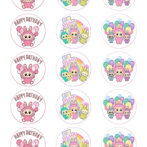 May include: A sheet of round stickers with colorful cartoon characters and the words "Happy Birthday." The stickers feature a pink bunny character holding balloons, and other characters with a rainbow background.