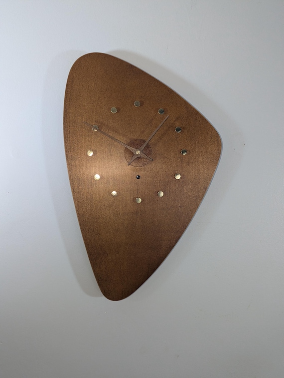 Mid Century Modern Handcrafted Wall Clock Stained Birch, and brass indicators 11x18".