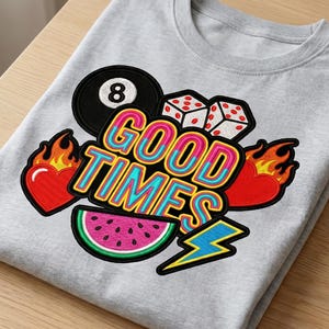 Retro Good Times Graphic T-shirt – Faux Broderilapp, 90-tals Y2K-stil (digital nedladdning)