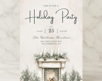 Op de afbeelding: Een uitnodiging voor een kerstfeest met aquarel illustraties. De uitnodiging bevat de tekst "Holiday Party", datum, tijd en locatie. Een open haard met kaarsen en kerstbomen is afgebeeld.