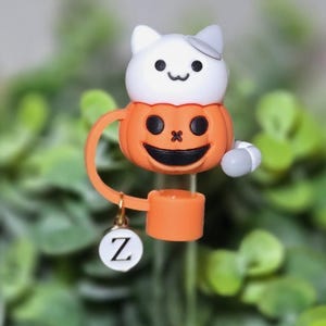 Halloween Jack-O-Lantern Kitty Straw Topper with Initial Charm for Stanleys, tumblers, etc.