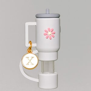 Grey And Pink Mini Tumbler Straw Topper with Initial Charm for Stanleys, Tumblers, etc.