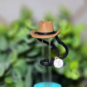 Könnte beinhalten: Ein Miniatur-Cowboyhut-Anhänger in Hellbraun mit schwarzem Band, befestigt an einem schwarzen Haargummi. Ein kleiner, weißer runder Anhänger mit dem Buchstaben "Y" hängt darunter. Der Hintergrund ist verschwommen grün.