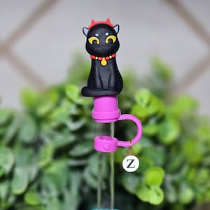 Halloween Black Cat Stroh-Topper mit Initial Anhänger für Stanleys, Tumbler, etc.