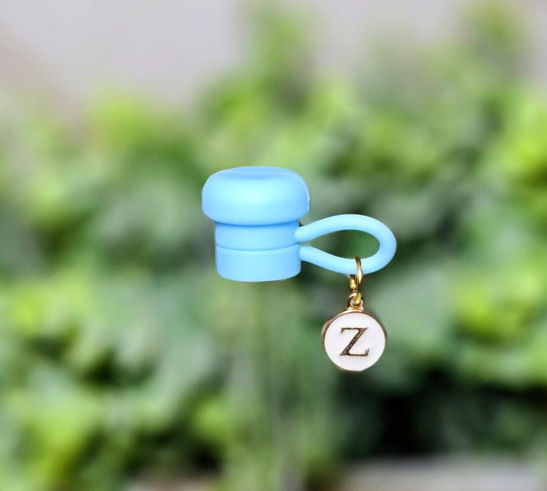 Blue Button Straw Topper With Initial Charm for Stanleys, Tumblers, Etc ...