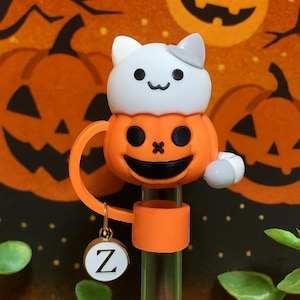 Halloween Jack-O-Lantern Kitty Straw Topper with Initial Charm for Stanleys, Tumblers, etc.
