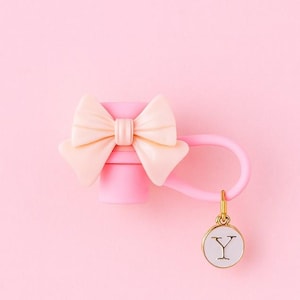 Pink Small Bow Straw Topper with Initial Charm for Stanleys, Tumblers, etc.